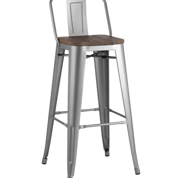 Стул барный Tolix WOOD со спинкой серебристый матовый