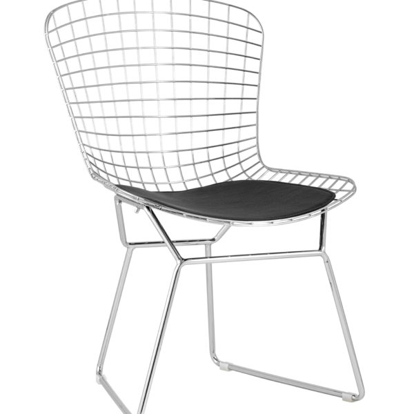 Стул обеденный Bertoia хромированный металл с черной подушкой из экокожи