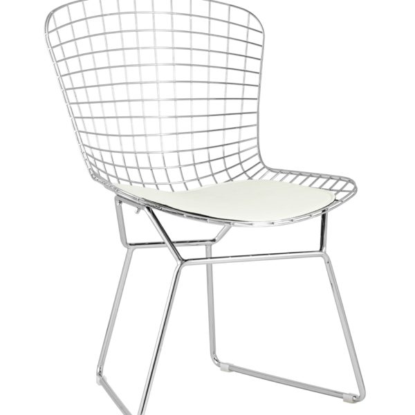 Стул обеденный Bertoia хромированный металл с белой подушкой из экокожи