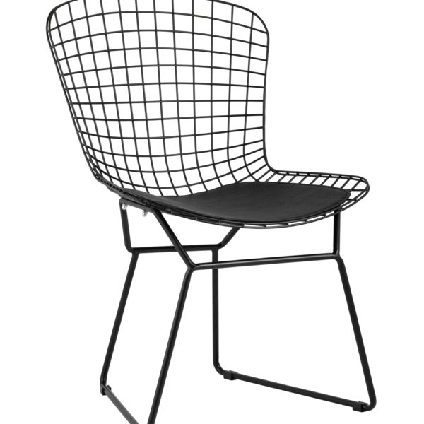 Стул обеденный Bertoia металлический черный с черной подушкой из экокожи