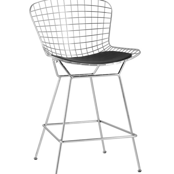 Стул полубарный с низкой спинкой Bertoia хромированный металл с черной подушкой из экокожи