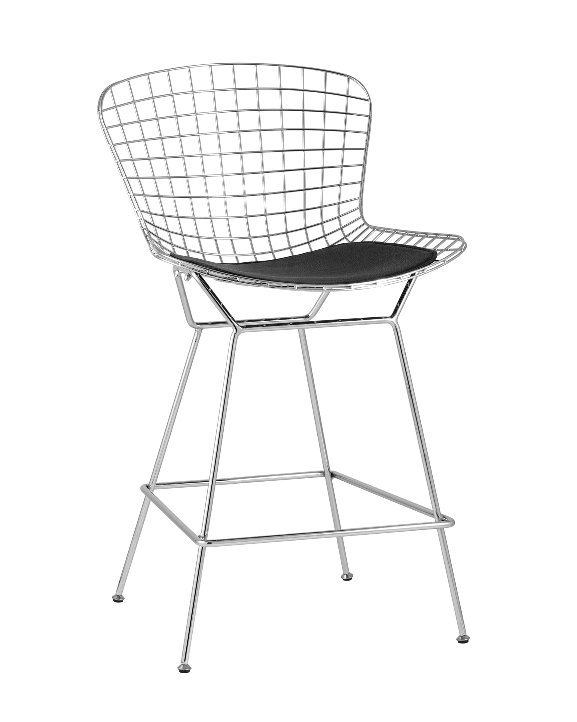 Стул полубарный с низкой спинкой Bertoia хромированный металл с черной подушкой из экокожи Стул полубарный с низкой спинкой Bertoia хромированный металл с черной подушкой из экокожи
